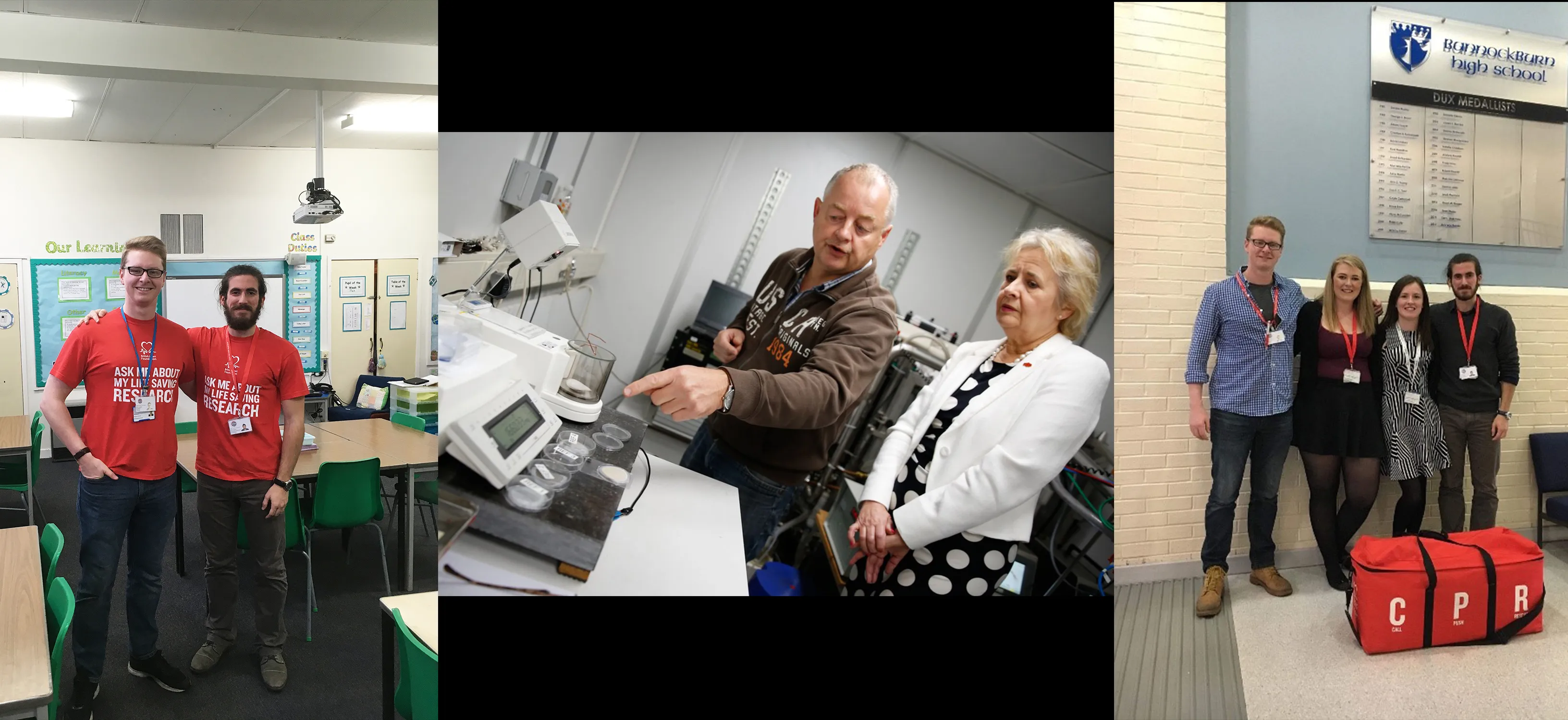 Combination of 3 image. Two of CVS students visiting schools, one of Roseanna Cunningham MSP visiting CVS