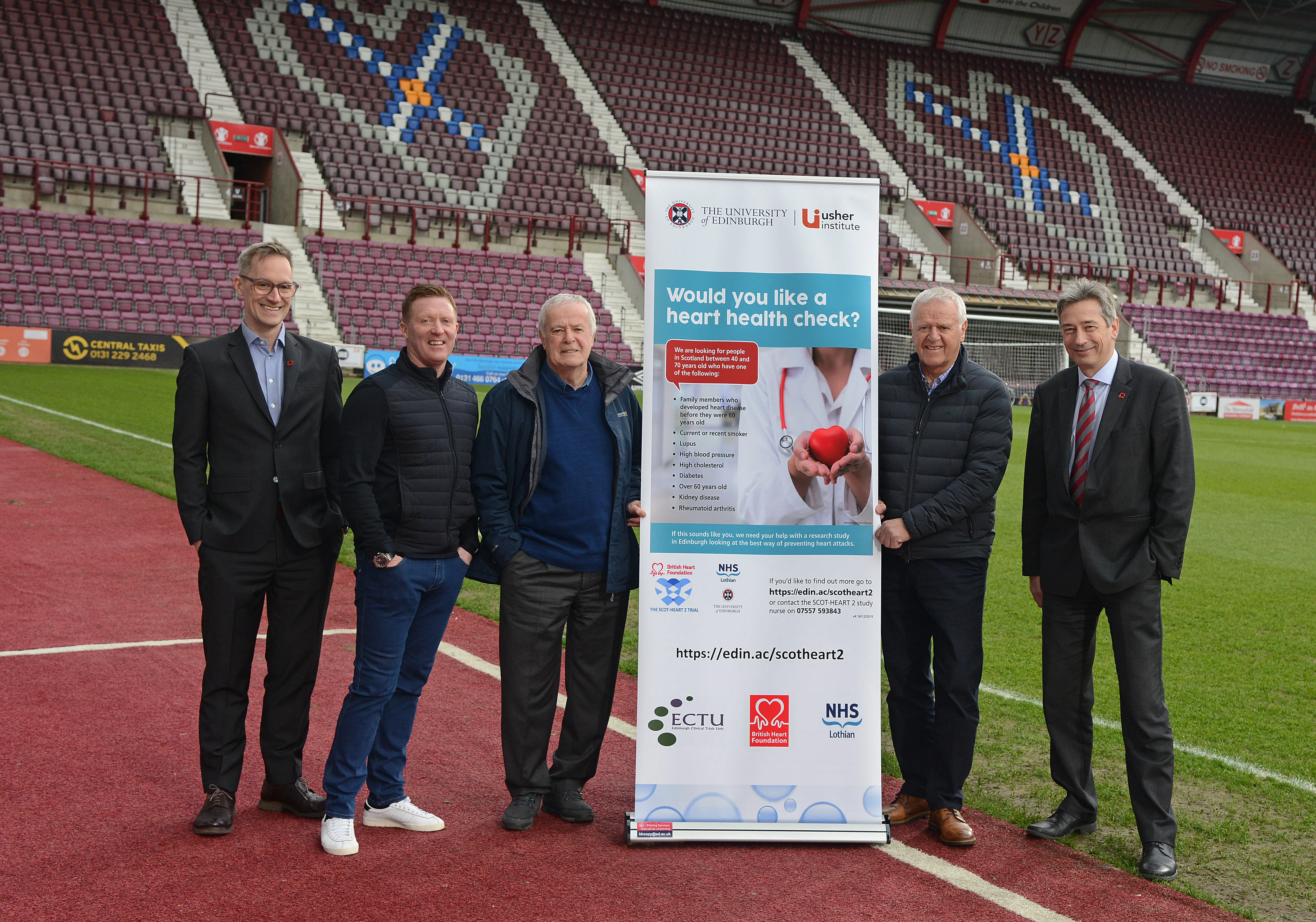 Jim Jefferies at launch of SCOT-HEART 2 trial with James Jopling, Gary Locke, Pat Stanton and Professor David Newby