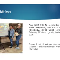 Text: African Network 2025 to 2026: South Africa: Four NIHR RIGHT4 scholarship recipients, who were completing the PG Diploma in Medical Toxicology, visited Cape Town for training in February 2025 and graduated on 11 December 2025    Photo: Rhoda Bandawe (Malawi); Salah Saad (Sudan); Natalie Simaloloyi; Ntetema Nalungwe (Zambia)