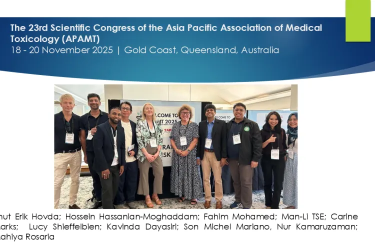Text: African Network 2025 to 2026: The 23rd Scientific Congress of the Asia Pacific Association of Medical Toxicology (APAMT):18 - 20 November 2025 | Gold Coast, Queensland, Australia: Picture: Knut Erik Hovda; Hossein Hassanian-Moghaddam; Fahim Mohamed; Man-Li TSE; Carine Marks;  Lucy Shieffelbien; Kavinda Dayasiri; Son Michel Mariano, Nur Kamaruzaman; Mahiya Rosaria 