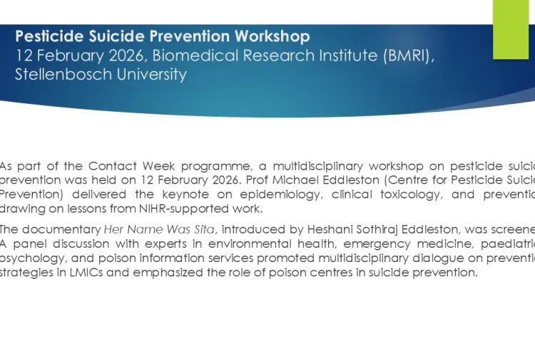 Text: African Network 2025 to 2026: Pesticide Suicide Prevention Workshop12 February 2026, Biomedical Research Institute (BMRI), Stellenbosch University