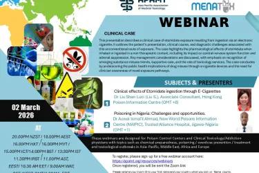 Poster for APAMT, NIHR RIGHT4 and MENATOX Webinar on  toxicological management strategies and poison centre practice.  