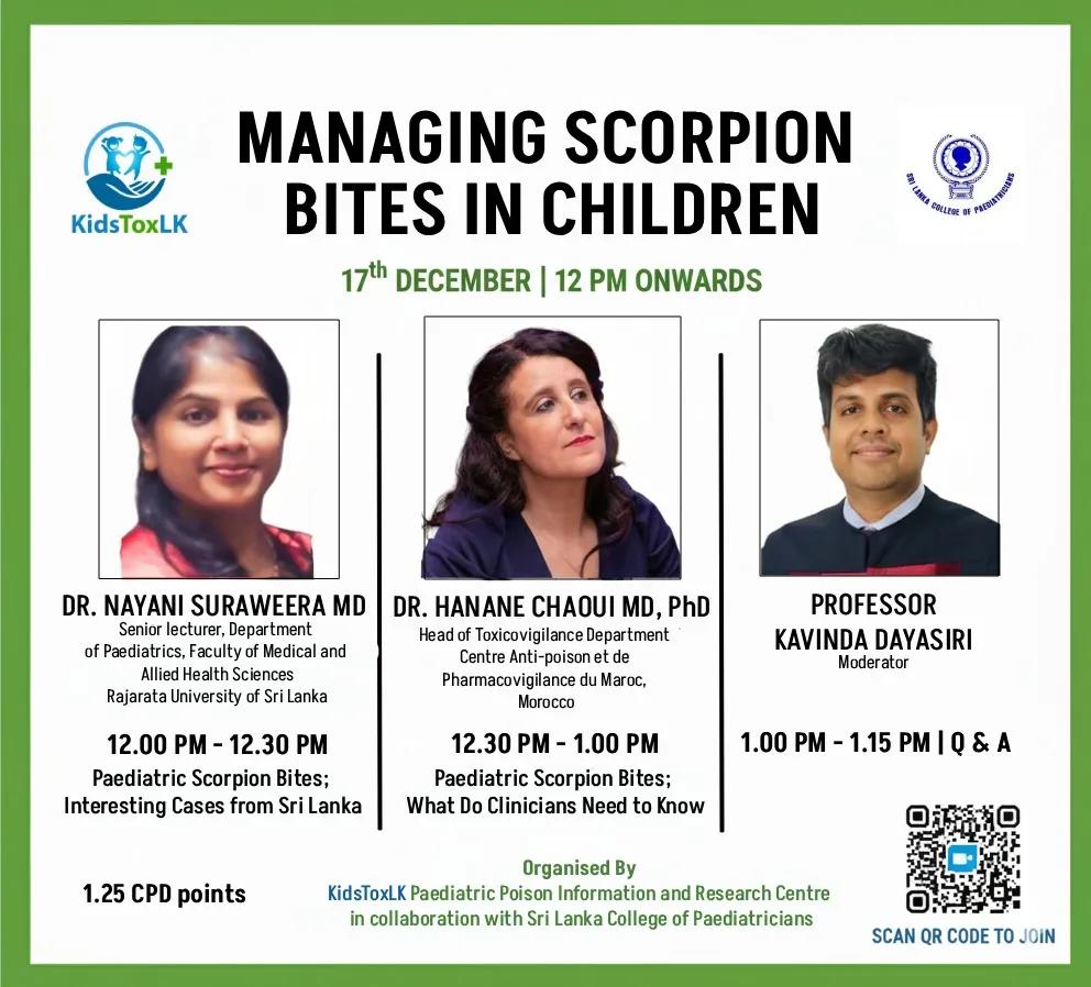 Managing Scorpion Bites in Children Flyer for December 17th Webinar.